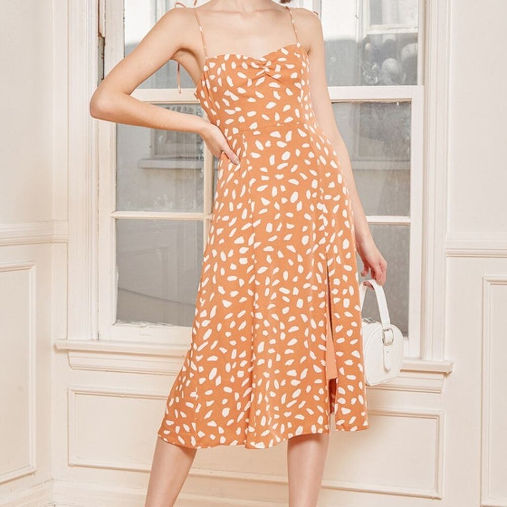 Lulus Party In Paris Light Orange Print Tie-strap Midi Dress - Size XS